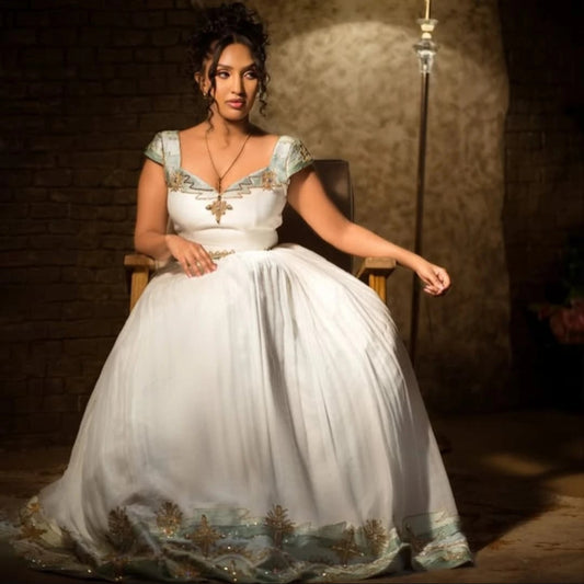 Serene Ivory & Sage Green Handmade Habesha Dress with Siliver Accents