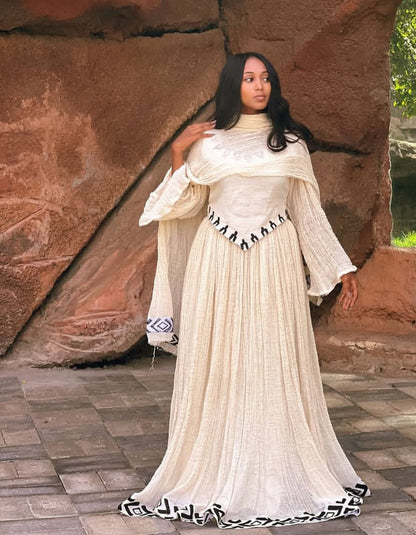 Timeless Ivory & Grey Traditional Ethiopian Dress (Zuria Style) with Matching Shawl Bezawit