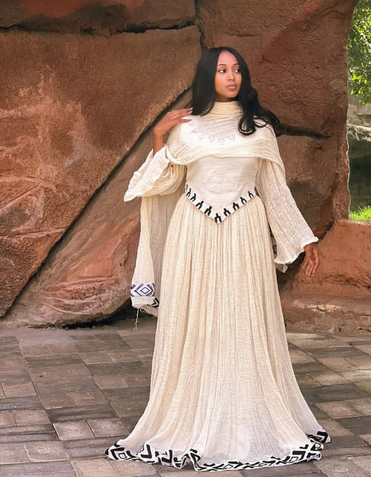 Timeless Ivory & Grey Traditional Ethiopian Dress (Zuria Style) with Matching Shawl