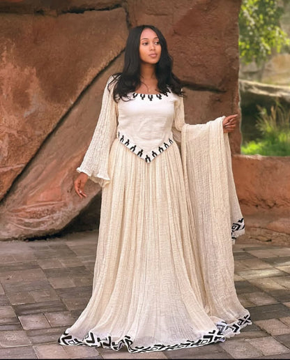 Timeless Ivory & Grey Traditional Ethiopian Dress (Zuria Style) with Matching Shawl Bezawit