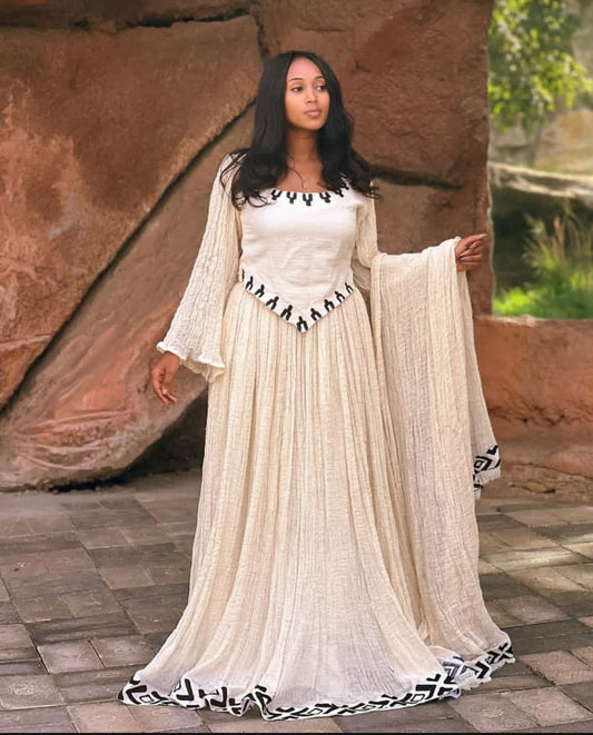 Timeless Ivory & Grey Traditional Ethiopian Dress (Zuria Style) with Matching Shawl