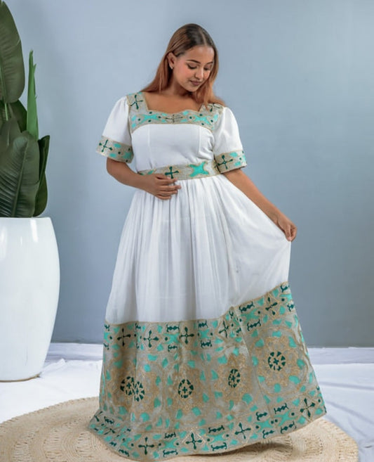 White & Teal Simple Habesha Kemis for Everyday Elegance Bezawit