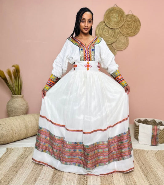Vibrant White & Multi-Color Habesha Kemis with Bold Sleeves Bezawit
