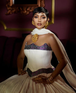 Regal Ivory & Plum Handmade Habesha Dress with Grand Skirt Bezawit