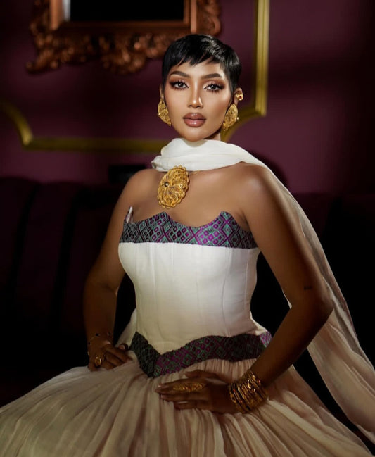 Regal Ivory & Plum Handmade Habesha Dress with Grand Skirt