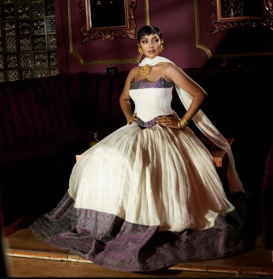 Regal Ivory & Plum Handmade Habesha Dress with Grand Skirt