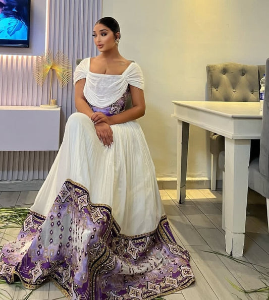 Elegant White & Lavender Custom Habesha Dress with Draped Neckline