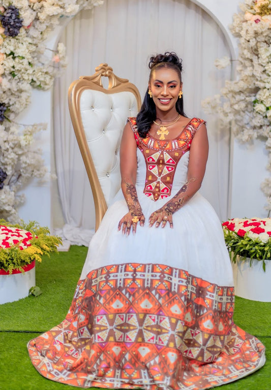 Festive White & orange Tone Ethiopian Dress with Geometric Patterns
