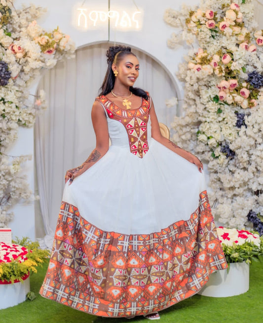 Festive White & orange Tone Ethiopian Dress with Geometric Patterns
