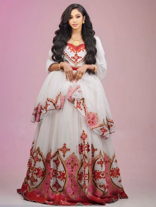 Romantic Blush: Custom Habesha Dress in Pink & Red