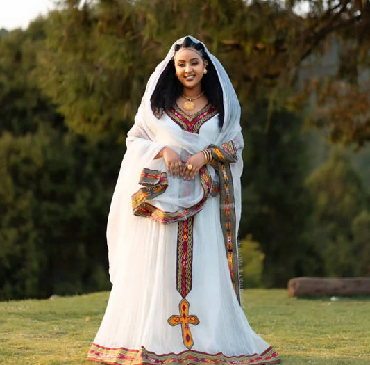 Graceful Serenity: Traditional Habesha Dress with Rich Embroidery