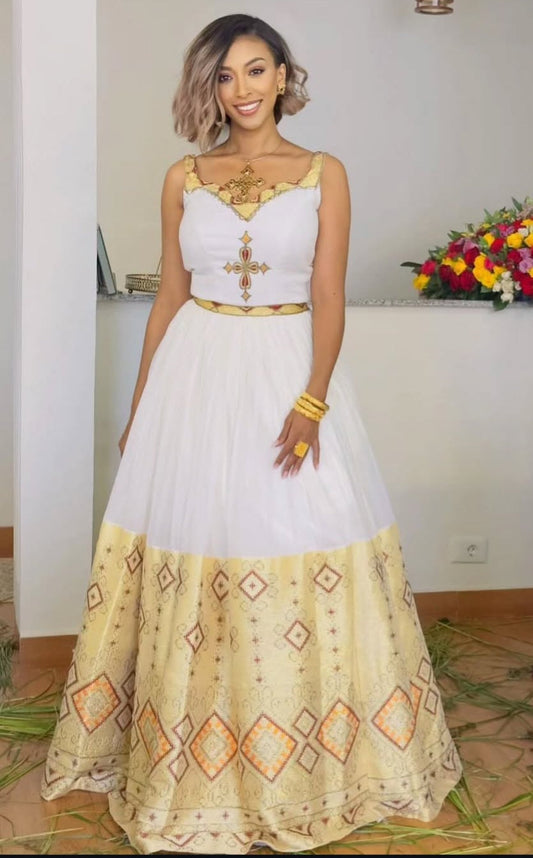 yellow Habesha Dress for Women – Sleeveless Ethiopian Dress with Gold Hem Bezawit