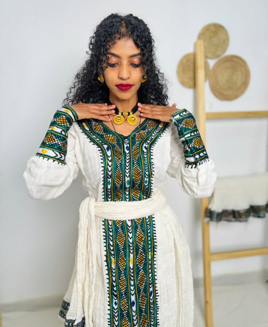 Emerald Grandeur: Green Gonder Fetel Ethiopian Dress