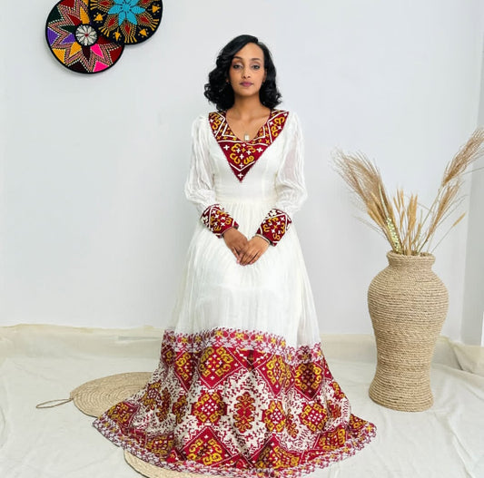 Rich Red & White Habesha Dress with Ornate Long Sleeves