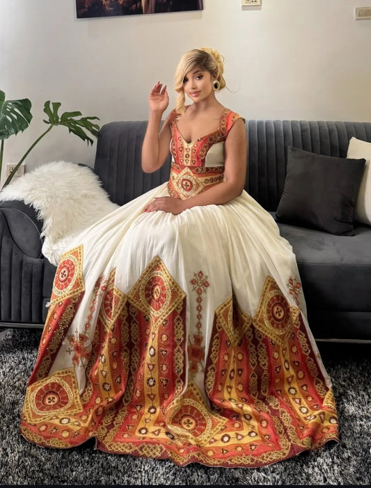 Opulent Ivory & Gold Ethiopian Dress with Grand Skirt and Intricate Details