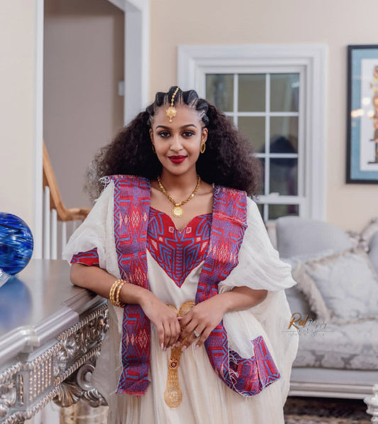 Royal Bloom: Exquisite Habesha Dress with Purple & Gold Bezawit