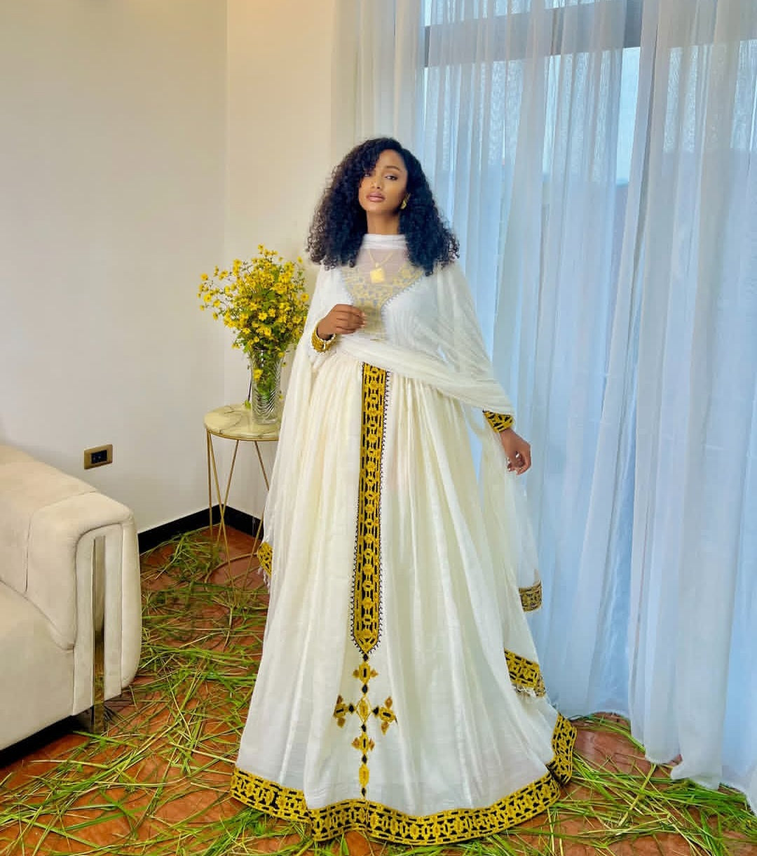 Golden Radiance: Elegant Modern Habesha Dress with Yellow Accents Bezawit