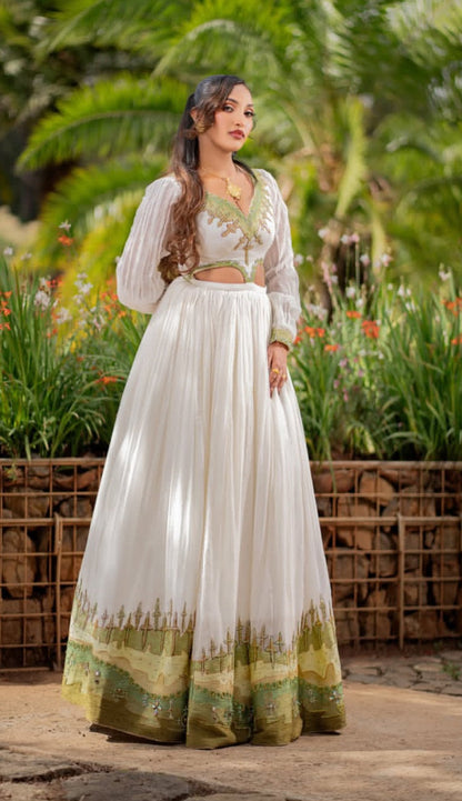 Elegant White Habesha Dress for Women - Modern Ethiopian Attire with Green Trim Bezawit