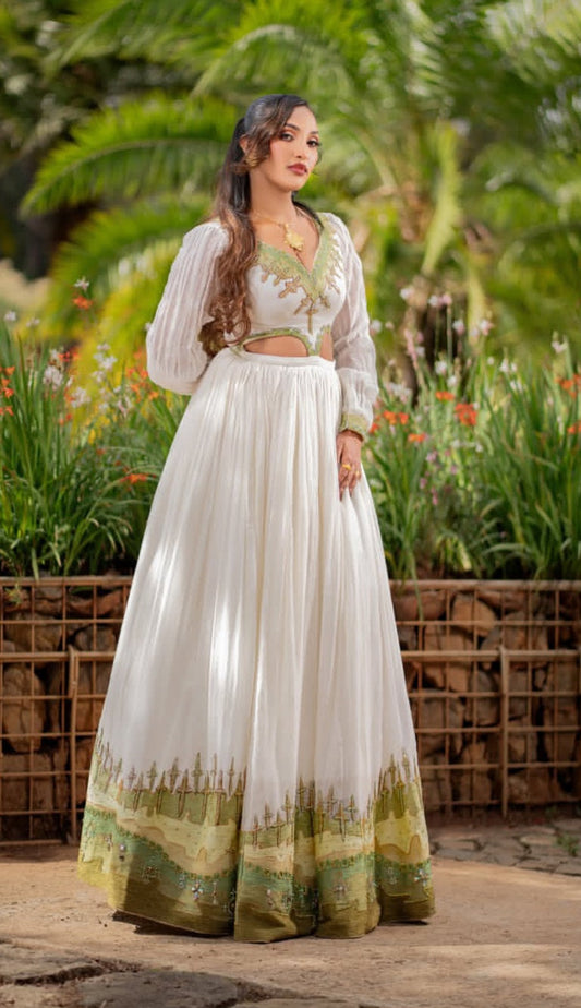 Elegant White Habesha Dress for Women - Modern Ethiopian Attire with Green Trim Bezawit
