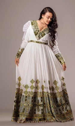 Graceful White Ethiopian Zuria Dress - Traditional Habesha Kemis with Green Accents Bezawit