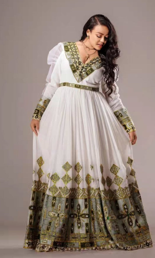 Graceful White Ethiopian Zuria Dress - Traditional Habesha Kemis with Green Accents Bezawit