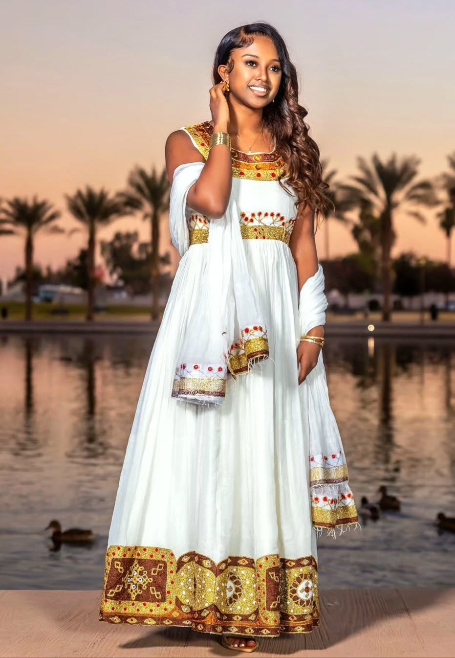 Classic White Habesha Dress - Ethiopian Cultural Attire with Gold & Red Embroidery Bezawit