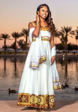 Classic White Habesha Dress - Ethiopian Cultural Attire with Gold & Red Embroidery Bezawit
