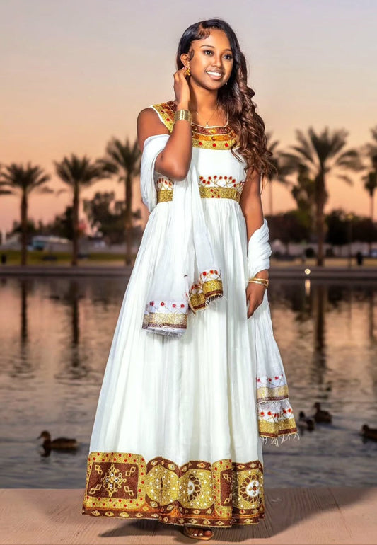 Classic White Habesha Dress - Ethiopian Cultural Attire with Gold & Red Embroidery Bezawit