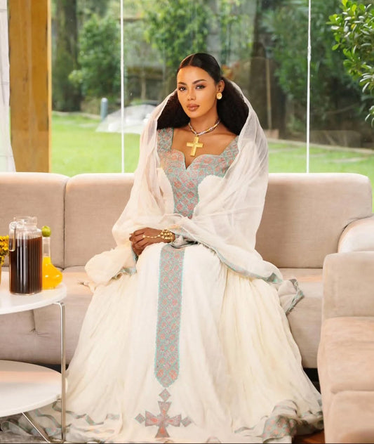 Regal White Habesha Wedding Dress - Traditional Ethiopian Attire with light Blue Details Bezawit