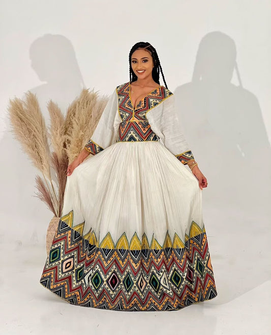Vibrant Modern Habesha Dress - Ethiopian Traditional Attire with Multi-Color Patterns Bezawit
