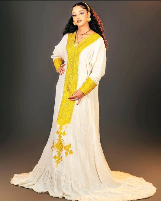 Exquisite Gold Habesha Dress - Traditional Ethiopian Zuria with Intricate yellow Embroidery Bezawit