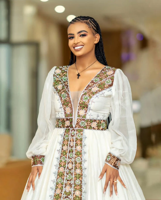 Refined White & Olive Green Habesha Dress Design with Long Sleeves