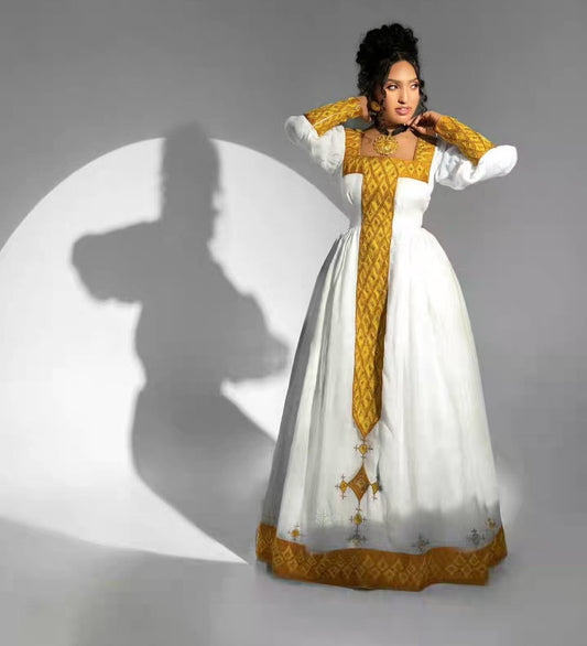 Dazzling White & Golden Yellow Traditional Ethiopian Dress with High Collar