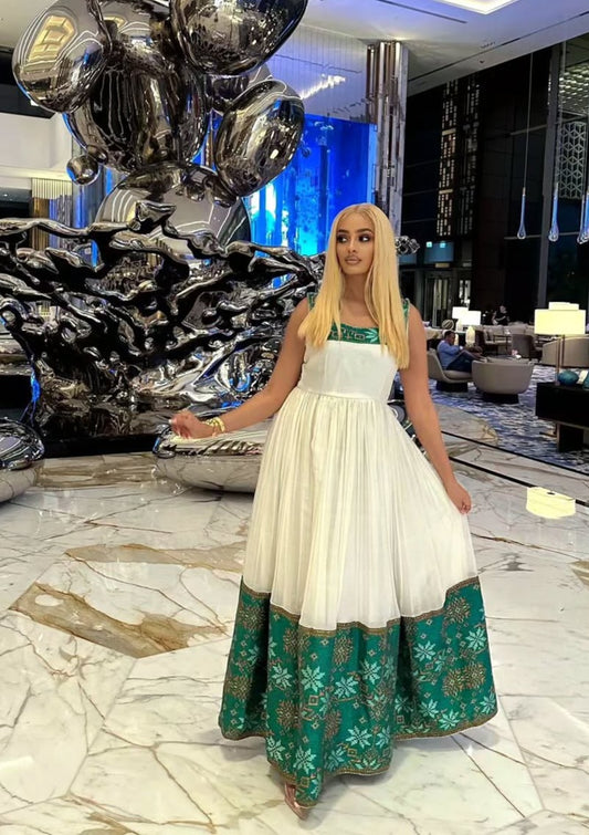 Cool White & dark green Modern Habesha Dress with Fresh Style