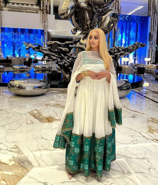 Cool White & dark green Modern Habesha Dress with Fresh Style