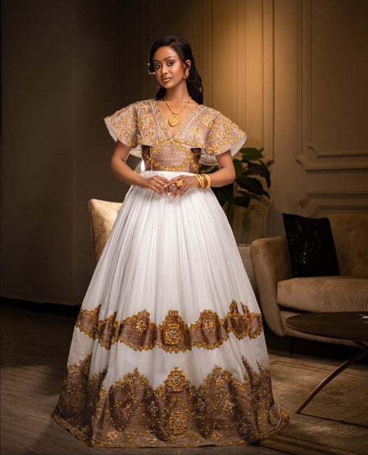 Elegant Cream & Gold Traditional Ethiopian Dress
