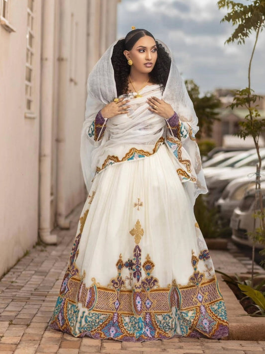 Pure White & grey Habesha Kemis for Dignified Events