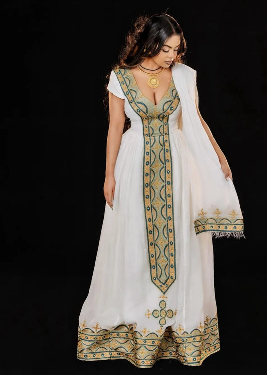 Joyful White & gold Modern Habesha Dress with Vibrant Hues