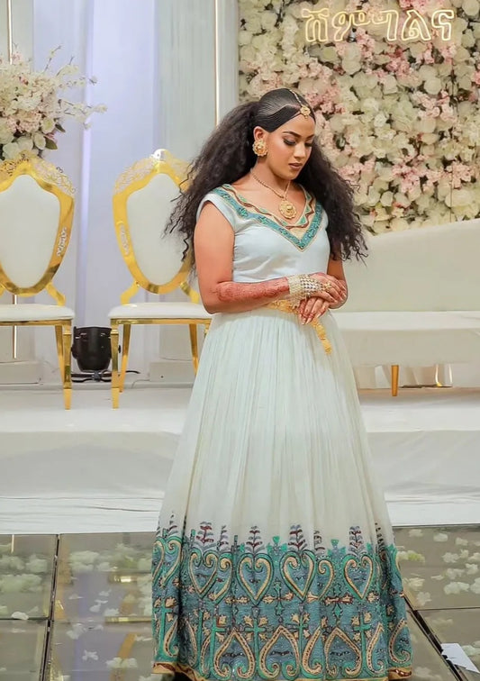 Fresh White & Bright Blue Eritrean Dress with Rich Patterns