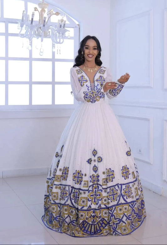 Elegant Cream & Royal Purple Traditional Eritrean Dress with Detailed Neckline