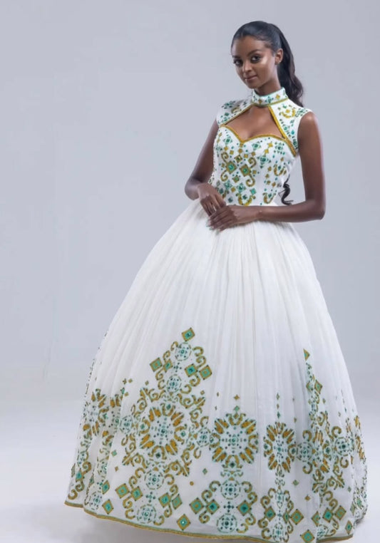 Graceful White & teal Traditional Habesha Kemis for Elegant Occasions