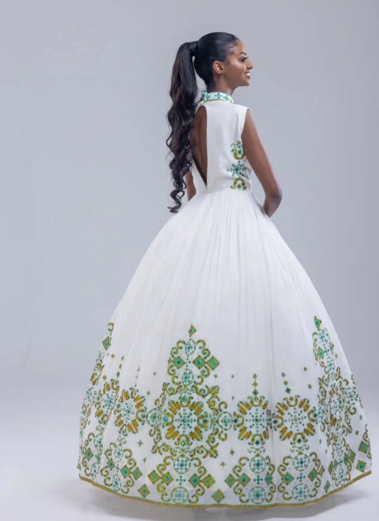Graceful White & teal Traditional Habesha Kemis for Elegant Occasions