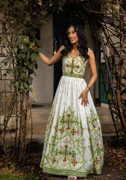 Fresh White & Multi-Color Modern Ethiopian Dress with Bright Embroidery