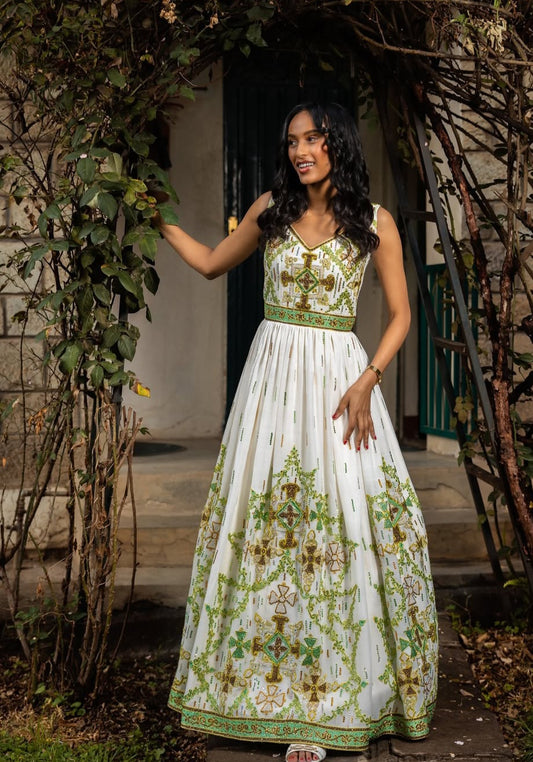 Fresh White & Multi-Color Modern Ethiopian Dress with Bright Embroidery