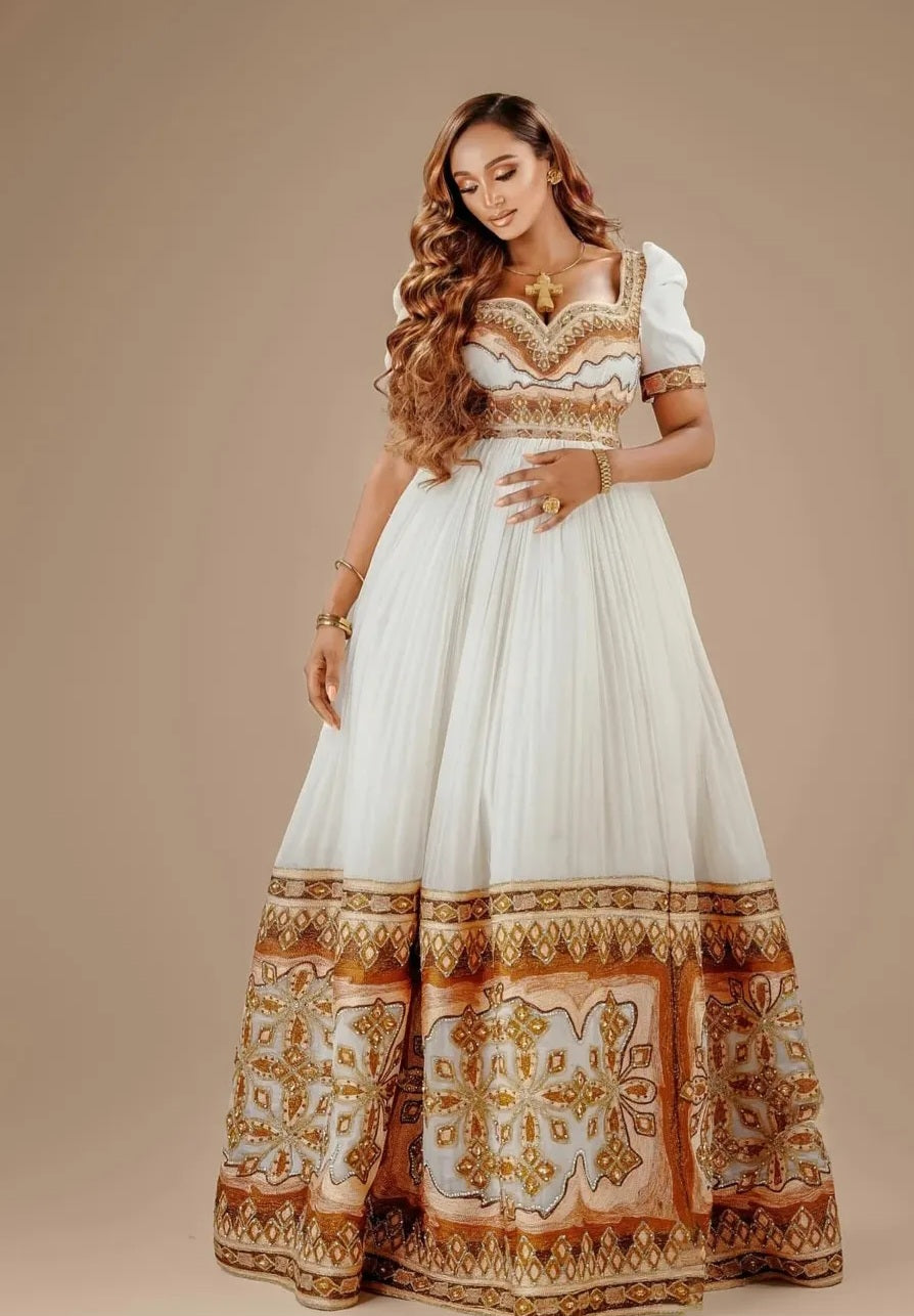 Bold White & Red Ethiopian Dress with Modern Flare