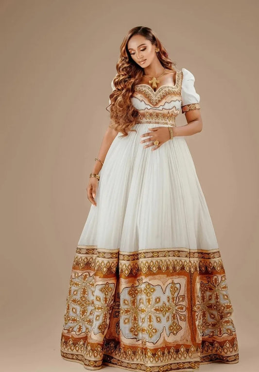 Bold White & Red Ethiopian Dress with Modern Flare