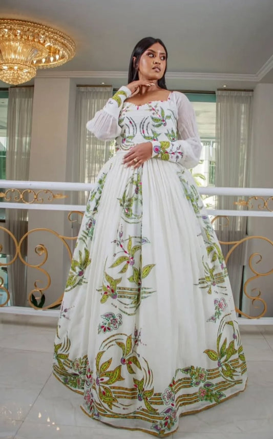 Artistic Eritrean Dress: Unique Floral Zuria in White & Green