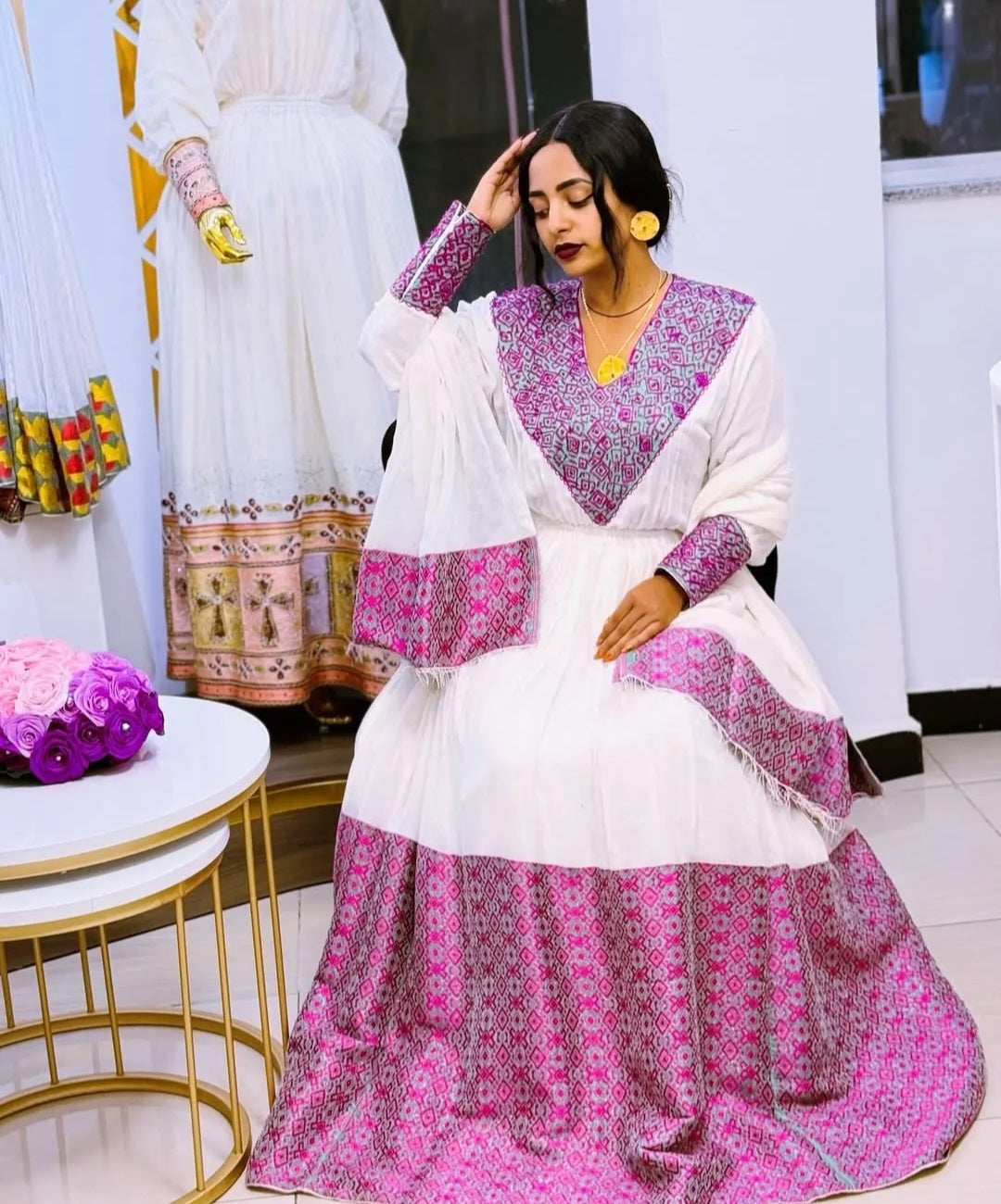 Modern Habesha Dress: Vibrant Pink & White Ethiopian Style Bezawit