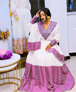 Modern Habesha Dress: Vibrant Pink & White Ethiopian Style Bezawit