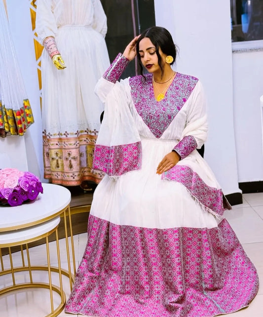 Modern Habesha Dress: Vibrant Pink & White Ethiopian Style